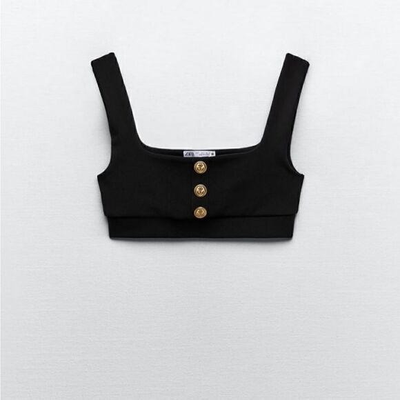 NWT BLOGGERS FAVORITE ⚫️ BLACK ZARA BUTTONED CROP TOP GOLDEN BUTTONS - Picture 5 of 13